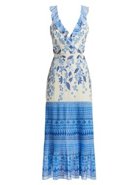 SALONI Floral Ruffle-Trim Amy ruffled printed plissé silk-georgette midi dress